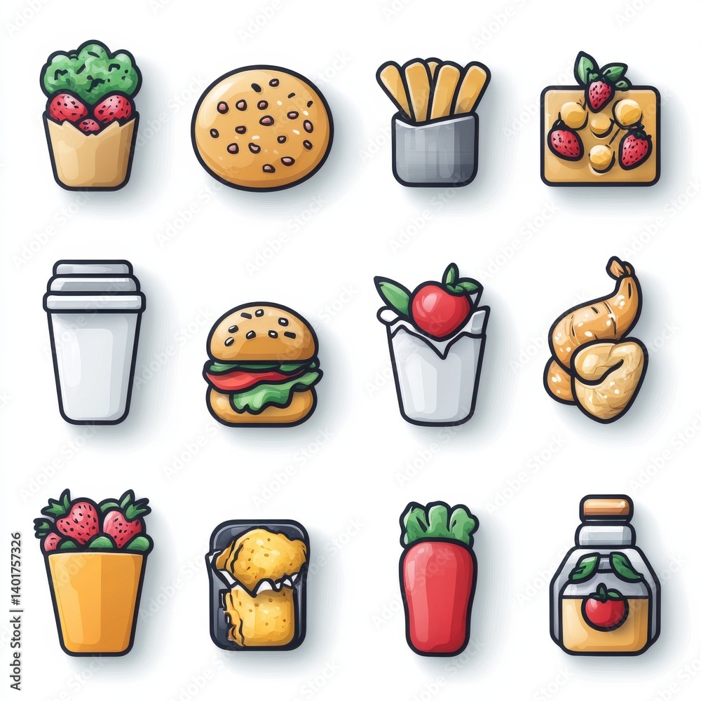 A collection of 15 minimalist vibrant food and beverage icons featuring a variety of popular items like burgers fries cookies salads and more all depicted with a clean