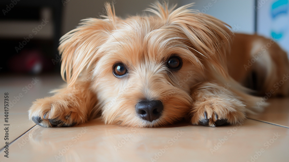 Adorable puppy lying on floor with head down and paws outstretched Adorable puppy lying on floor with head down and paws outstretched