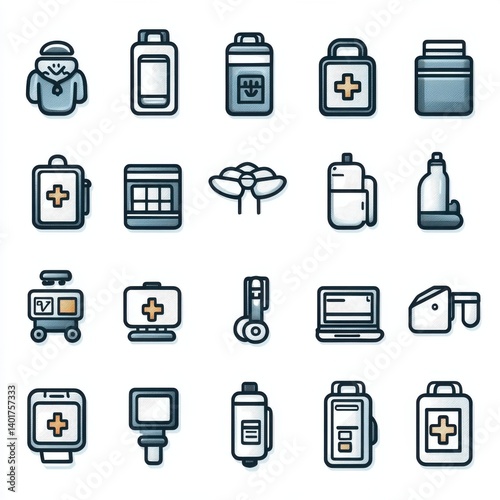 A collection of 15 minimalist and modern healthcare related icons featuring thin line designs covering various medical and wellness related elements