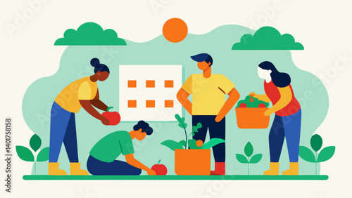 Gardening Day Individuals tending to a garden planting flowers and vegetables enjoying natures bounty with the calendar framed in the background.