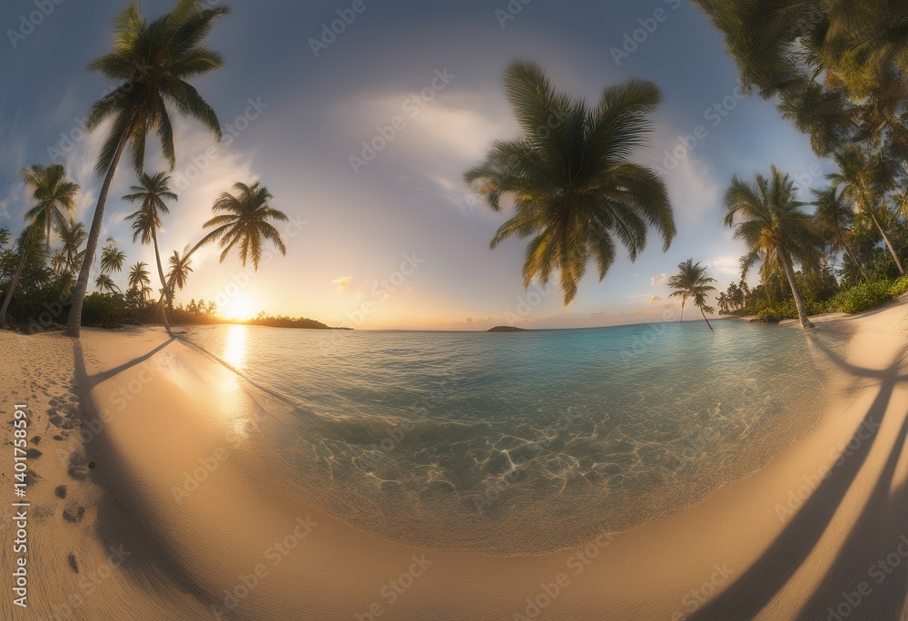 Obraz premium palm panorama hdri 360 tropical island sunset tree equidistant round environment map seascape projection spherical summer wave beautiful sky background water blue travel cloud vacation sand landscape