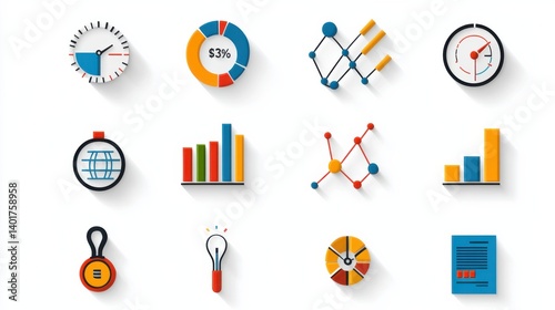 This image depicts a collection of colorful and dynamic icons representing various analytics data visualization and statistical concepts used in business research and decision making processes