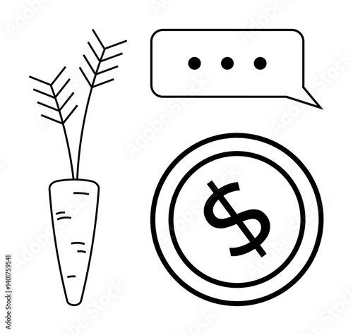 Carrot, speech bubble with dots, and coin with dollar sign symbolizing incentive, dialogue, and financial exchange. Ideal for motivation, negotiation, communication, leadership economy