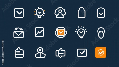 A neatly designed set of 15 outline icons representing different web and app interface elements including navigation communication analytics and user interaction symbols