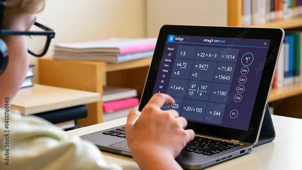 Young Student Engaged in Online Math Learning with Tablet in Library Setting Young Student Engaged in Online Math Learning with Tablet in Library Setting