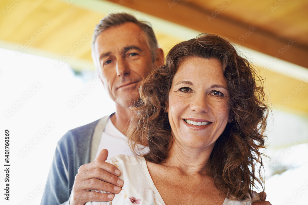 Portrait, smile and couple together for love, connection and relax at home for partnership. Face, happy woman and mature man with care, commitment and healthy relationship at apartment for marriage
