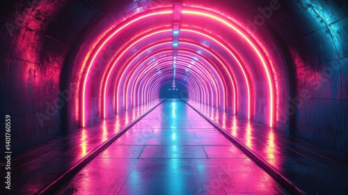 Futuristic tunnel illuminated by vibrant neon like beams of light that converge and radiate upward creating a mesmerizing surreal and technologically advanced atmosphere
