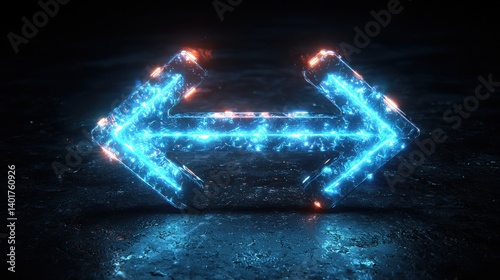A dynamic neon like arrow shape illuminated by a vibrant beam of light creating a futuristic and visually striking composition