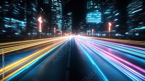 Vibrant futuristic city nightscape with an arrow like formation of colorful luminous beams streaking along a fast paced urban highway or road