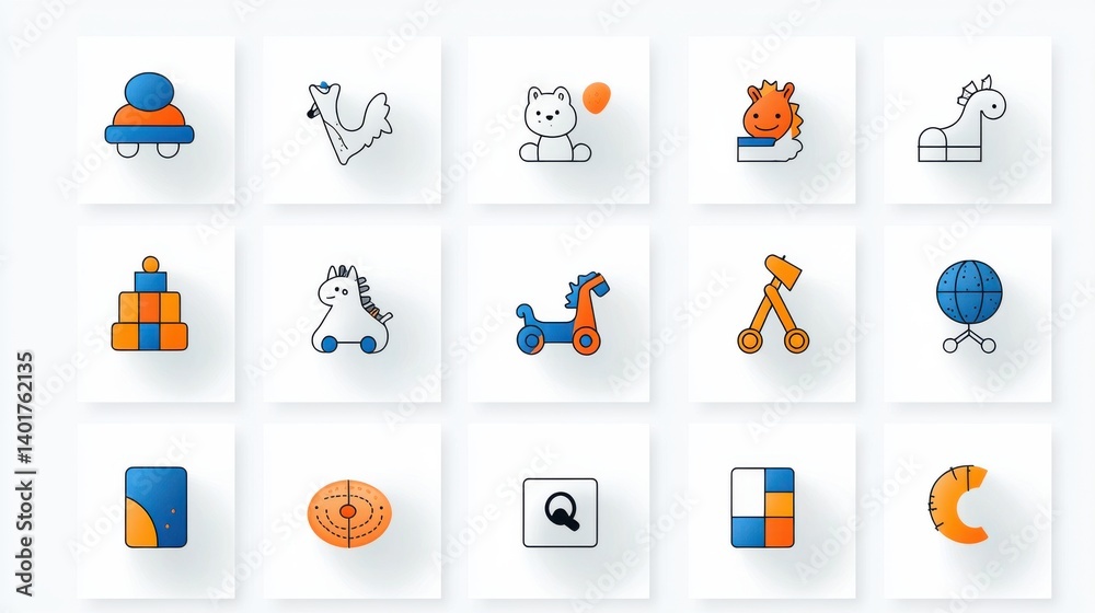 Fototapeta premium A collection of 15 colorful and playful baby toy icons designed with a minimalist thin outline style