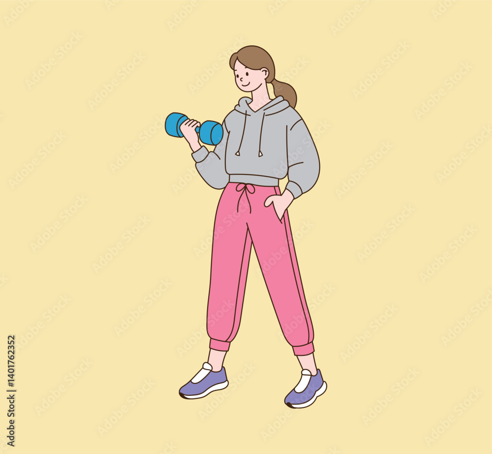 A woman who exercises with a dumbbell. Illustration vector with minimal design. A woman who exercises with a dumbbell. Illustration vector with minimal design.