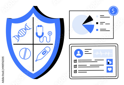 Shield with DNA, pill, stethoscope, thermometer medical record, chart analytics, dollar icon. Ideal for healthcare, insurance data protection analysis medical apps financial security. Flat