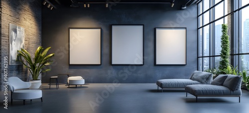 Fototapeta Naklejka Na Ścianę i Meble -  Contemporary 3D-rendered gallery space with empty picture frames on dramatic dark walls, perfect for minimalist art display and modern design mockups

