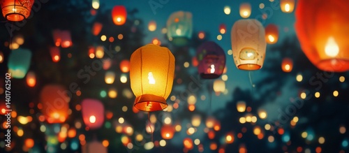 Night Sky Lantern Festival, Glowing Lights, Wishes