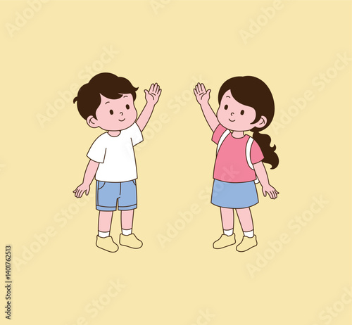 The children are greeting each other happily. Illustration vector with minimal design.