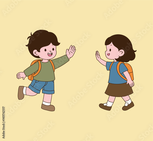The children are greeting each other happily. Illustration vector with minimal design.