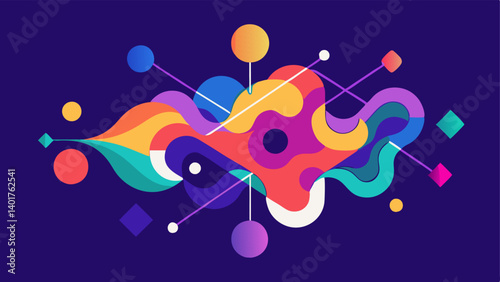 Morphing Shapes Abstract shapes in vibrant hues morphing into one another representing the evolving nature of AI creativity with dynamic lines connecting the forms.