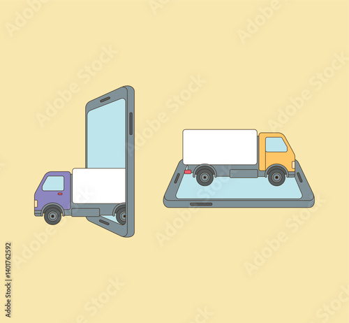 Online delivery trucks. a convenient life on a smartphone. Illustration vector with minimal design.