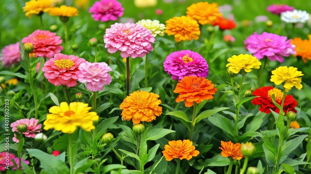 Vibrant flower bed bursting with color.  A profusion of zinnias in various hues adorn a lush garden