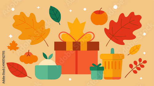 Seasonal Theme A fallthemed illustration showing seasonal ecofriendly gift ideas like handmade crafts and upcycled decor set against a backdrop of colorful autumn leaves.