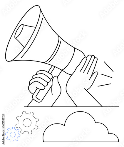 Hand near megaphone for amplifying voice with gears and cloud symbolizing cooperation, creativity, and technology. Ideal for concepts thumbs up marketing, strategy, innovation, advocacy, teamwork