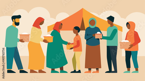 Humanitarian Aid Volunteers distributing food and supplies in a refugee camp to a line of diverse civilians showcasing community support and resilience amidst crisis.