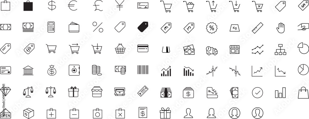 Shopping & Finance – Essential Vector Icon Pack. This pack includes a wide range of icons—from shopping carts and credit cards to barcodes, currencies, graphs, and banking symbols.