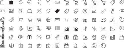 Obraz na płótnie Shopping & Finance – Essential Vector Icon Pack. This pack includes a wide range of icons—from shopping carts and credit cards to barcodes, currencies, graphs, and banking symbols.
w salonie