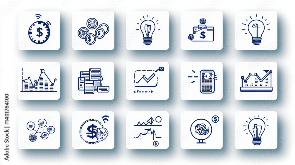 A diverse set of monochrome icons representing various aspects of finance investment and business including charts graphs data analysis banking currency and more A diverse set of monochrome icons representing various aspects of finance investment and business including charts graphs data analysis banking currency and more