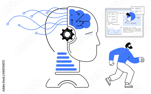 Profile of AI brain with digital connections, analytics dashboard, and a running figure. Ideal for technology, AI, innovation, analytics, data science, machine learning simple landing page