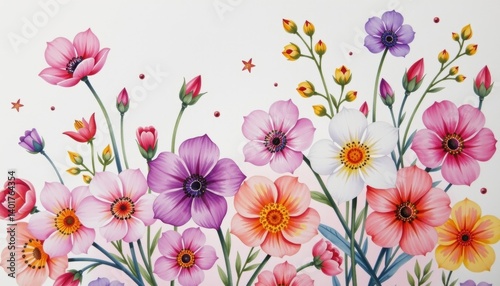A vibrant watercolor painting depicting a variety of delicate spring blooms in hues of pink, purple, yellow, and white, with intricate details and a soft, ethereal quality.