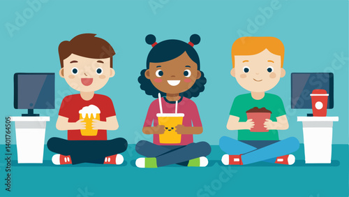 Inactive Children A group of children playing video games indoors with fast food and soda tered around ing the shift from outdoor play to sedentary behavior.