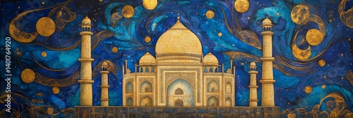 Building with dome and towers against a blue starry night sky background.