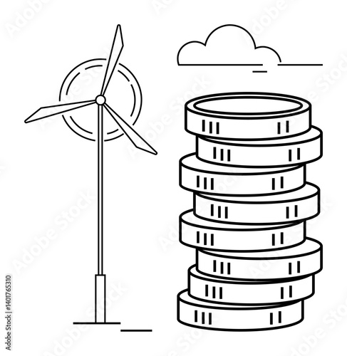 Wind turbine paired with a stack of coins and small clouds, symbolizing renewable energy profits and eco-friendly finance. Ideal for energy, sustainability, finance, environment, investment, economy