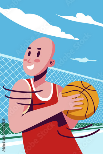 Street Basketball Player Holding Ball – Fun Cartoon Outdoor Sports Scene