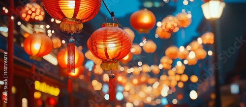 Festive lanterns illuminate Asian street at night