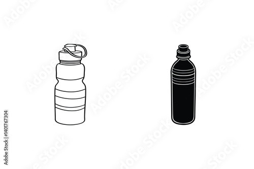 Illustration Of Two Water Bottles Outline And Silhouette Style Vector