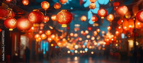 Festive Red Lanterns Illuminate Asian Street at Night
