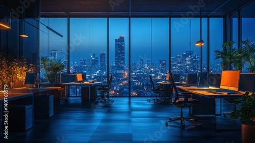 Modern office interior with glass walls & desks. 3