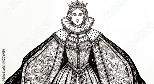 Detailed black and white illustration of a regal woman in historic clothing