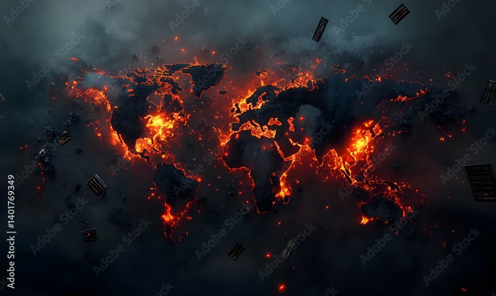 Illustration of tariff conflict and global economic tension with fractured map of major powers, ideal for trade war themes, crisis visuals, and stock market risks