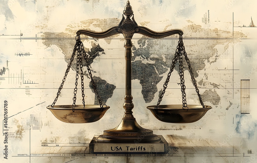 Conceptual image of USA tariffs and trade imbalance represented by economic scale, highlighting financial risk, global inequality, and protectionist trade policies