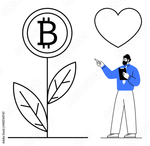 Bitcoin growing as a plant, man pointing while holding a tablet, large heart symbol, and leaves. Ideal for cryptocurrency, innovation, investment, sustainability, growth fintech passion flat simple
