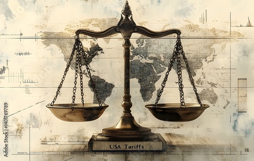 Obraz na płótnie Conceptual image of USA tariffs and trade imbalance represented by economic scale, highlighting financial risk, global inequality, and protectionist trade policies
w salonie