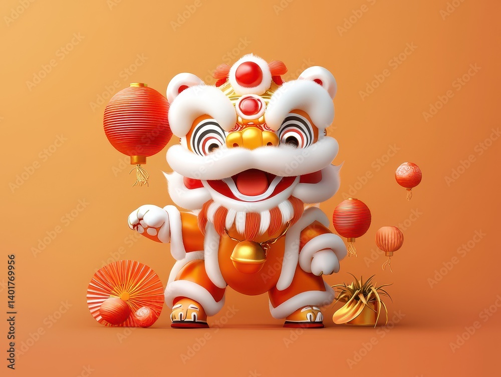 Naklejka premium Chinese Lion Dance: A playful and festive illustration, celebrating Lunar New Year with vibrant colors and rich tradition.