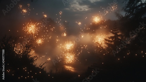 Forest Firework Display Night Foggy Dramatic