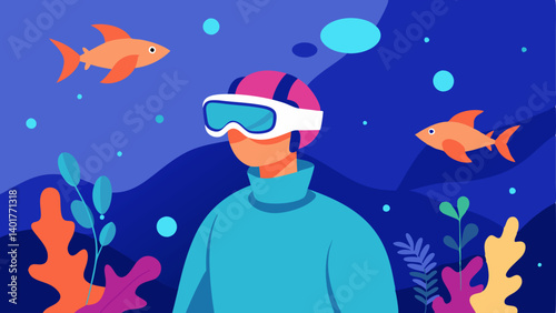 Underwater Adventure An illustration of a patient in a VR headset exploring a serene underwater world filled with vibrant coral reefs and gentle fish swimming by.