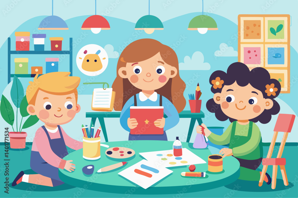 Minimalist vector of parents helping kids with homework at a kitchen table Minimalist vector of parents helping kids with homework at a kitchen table
