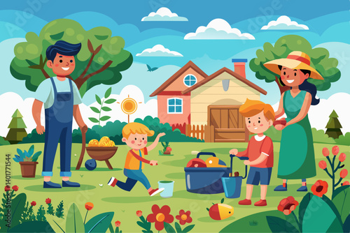 Vector scene of parents and kids gardening in a backyard on a sunny day