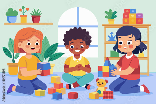 Flat vector image of children playing with building blocks and puzzles in a playroom